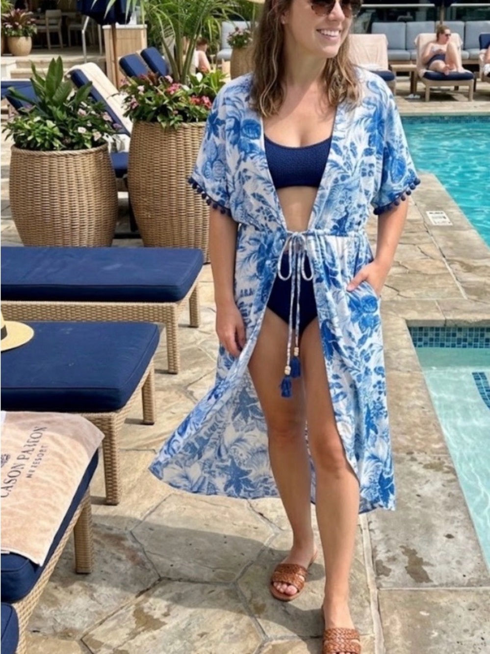 Summer Blue Floral Tie-Waist Beach Cover-Up / Kimono